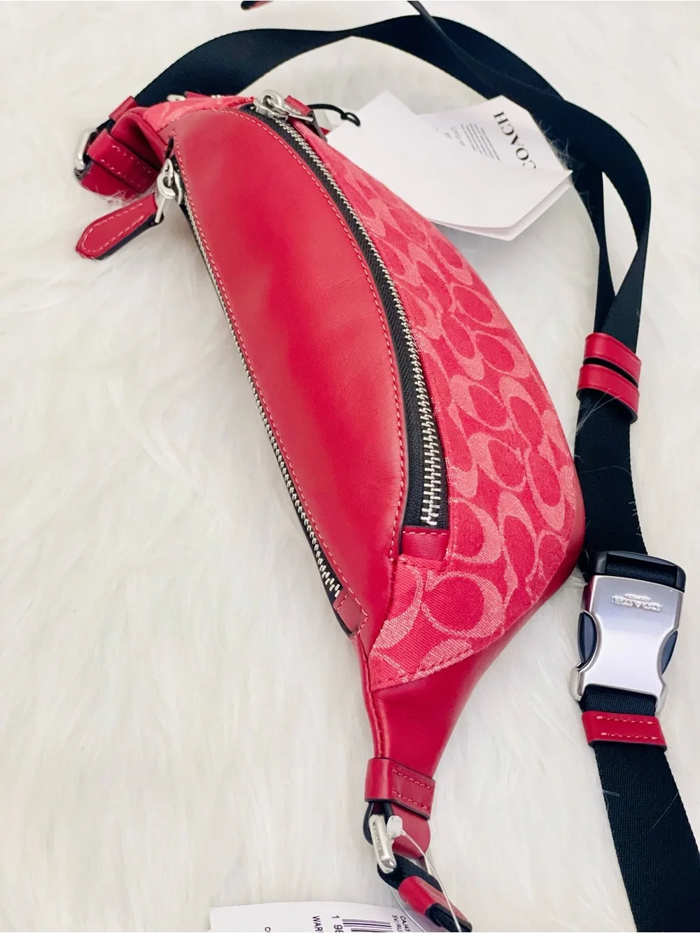 NWT Coach Warren Mini Signature Denim & Leather Belt Bag CAJ43 Ruby Red